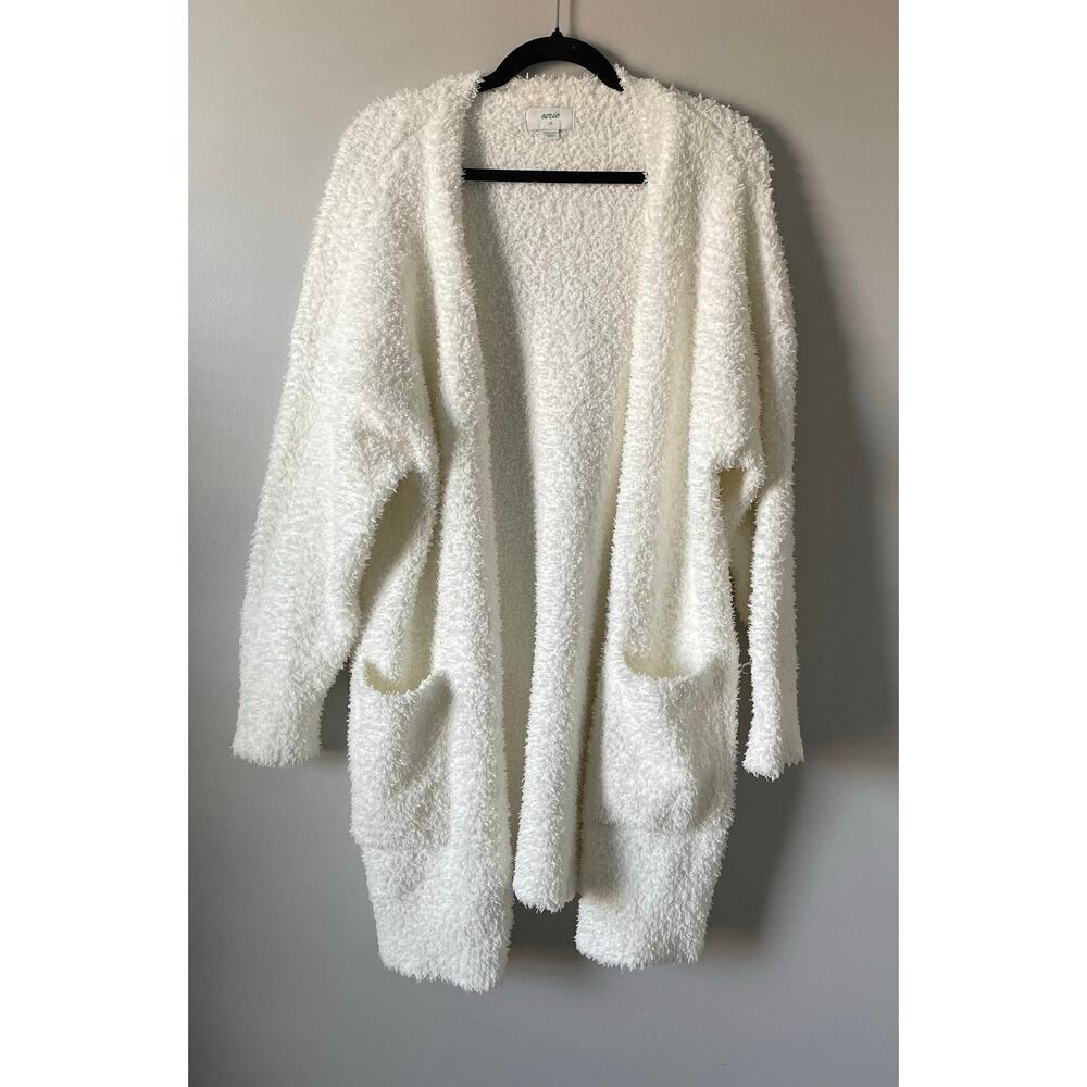 Aerie Boucle Knit Marshmallow Fuzzy White Cardigan Sweater sz L